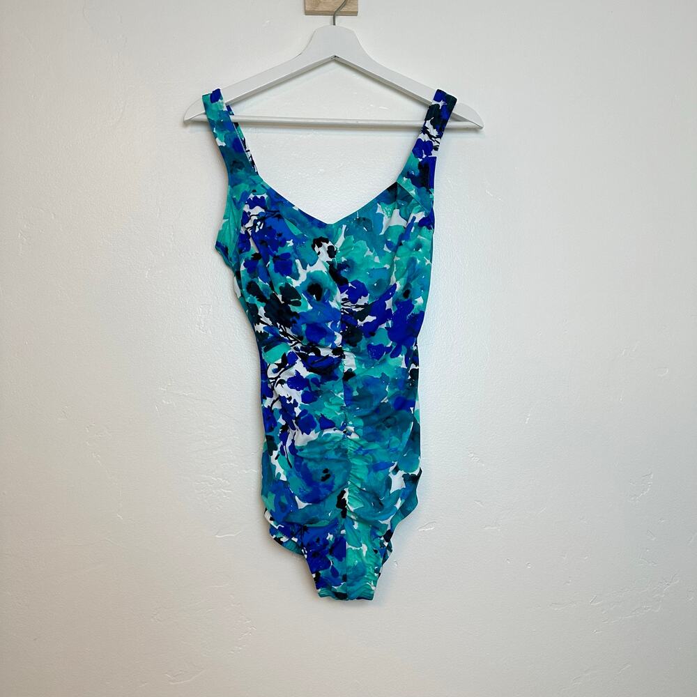 Women’s Floral One-Piece Swimsuit Size 14 Blue Green Ruching New w/ Tags